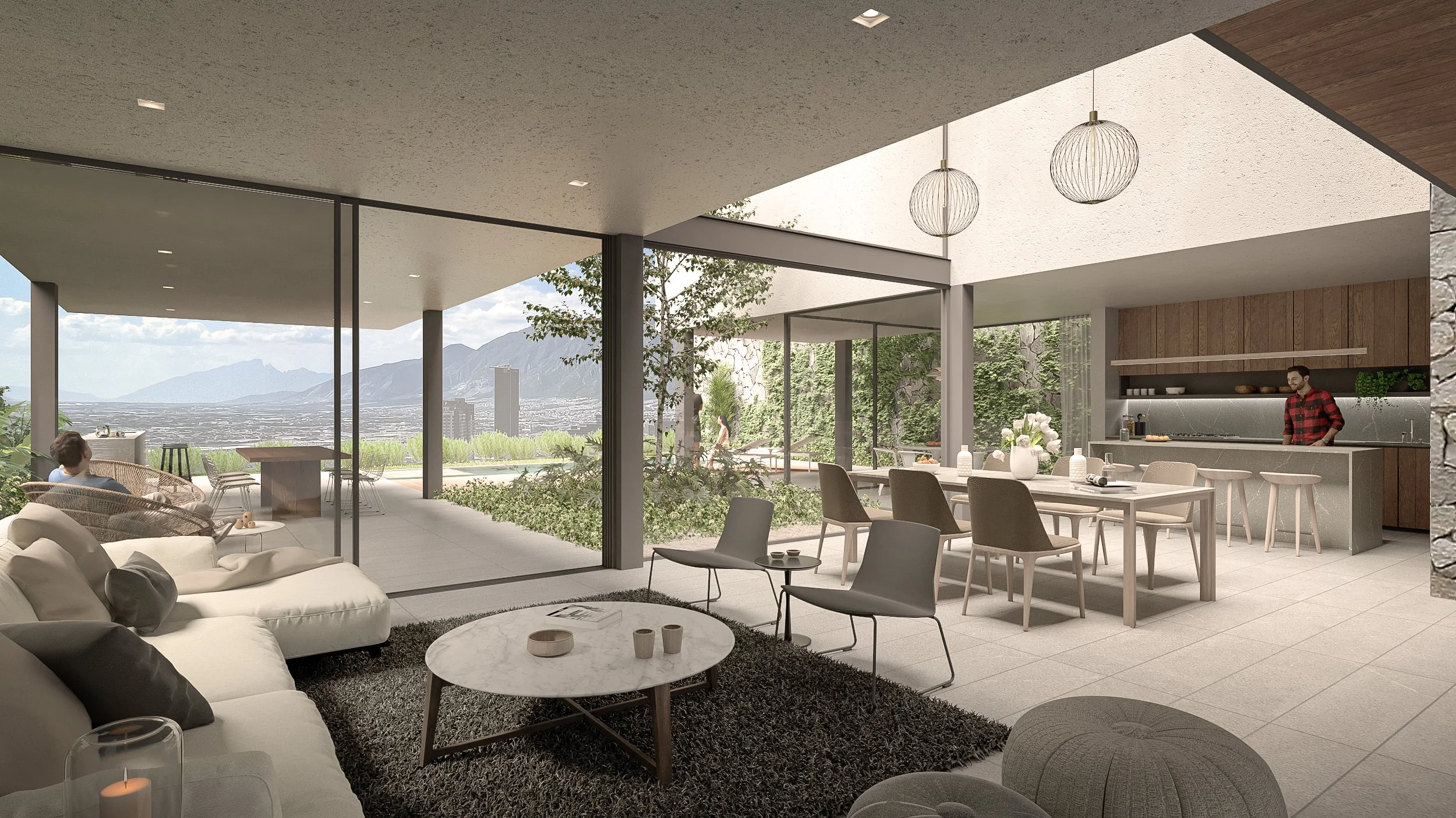Contemporary open-plan living room with light gray sectional sofa and low coffee table opening to the patio