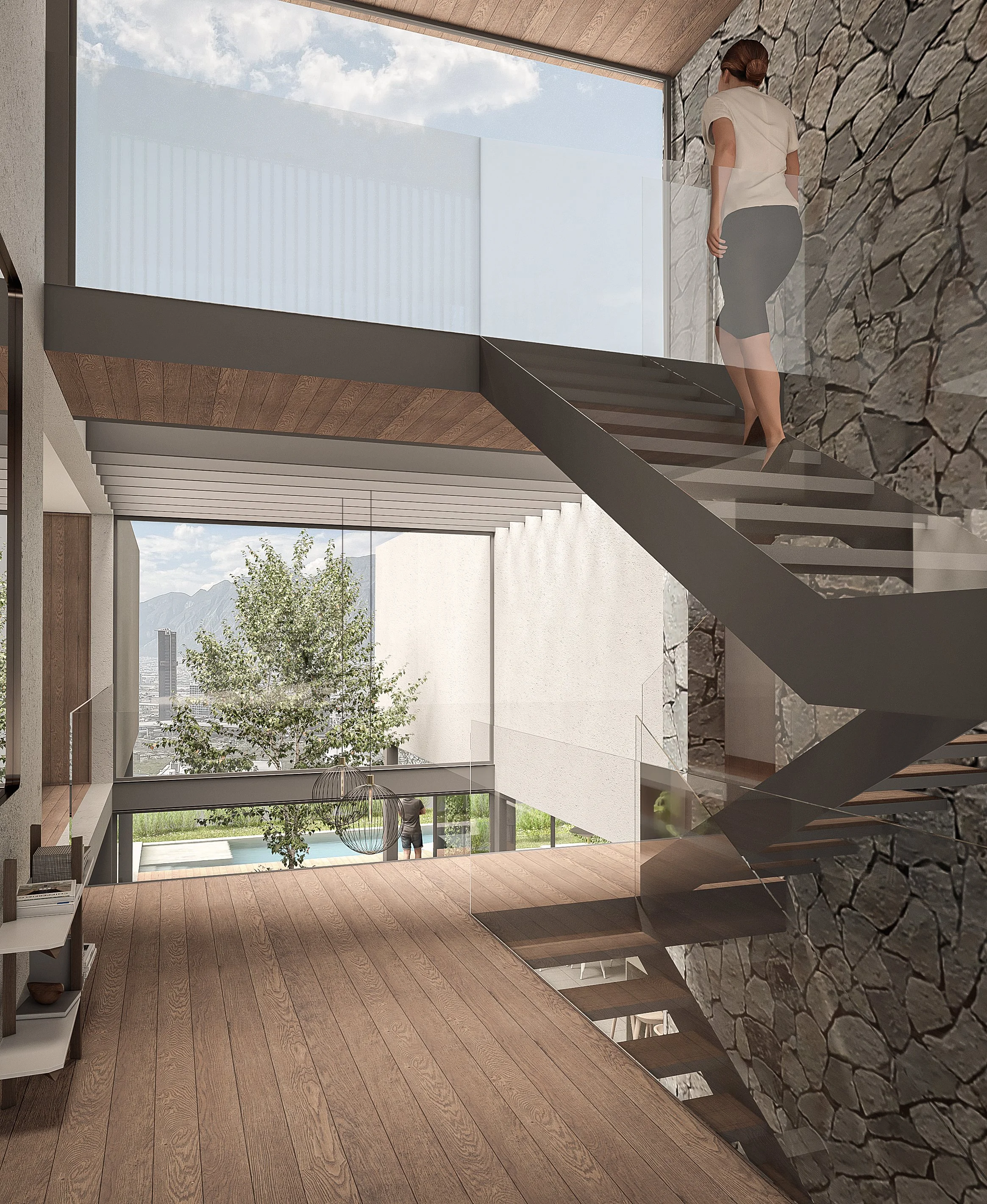 Interior architectural staircase with glass railing and double-height floor-to-ceiling courtyard window