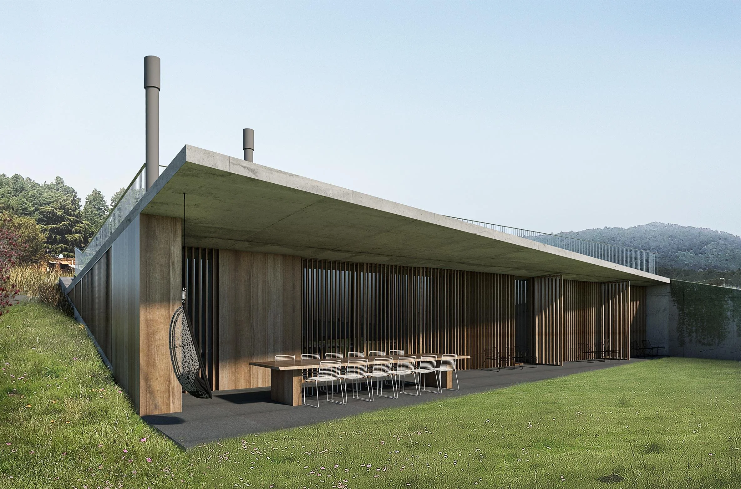 Exterior view of Ferreria House featuring a modern flat concrete roof, large glass sliding doors, and outdoor patio dining set against a mountain backdrop