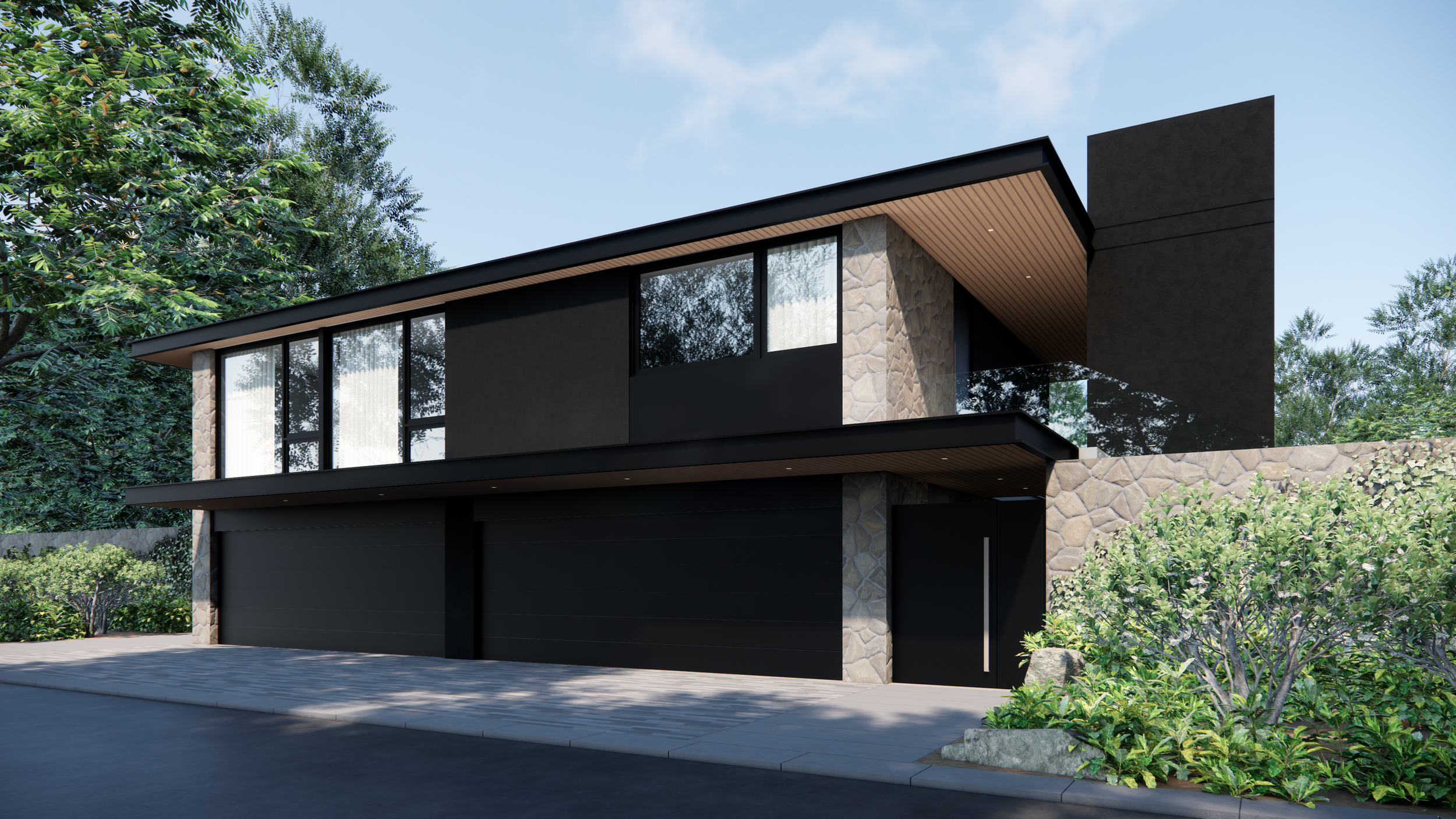 Allan Estate Road black garage doors, wood soffits, and upper glass balcony