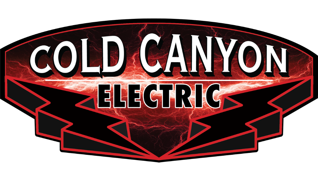 Logo for Cold Canyon Electric with bold text, red lightning background, and a stylized mountain range.