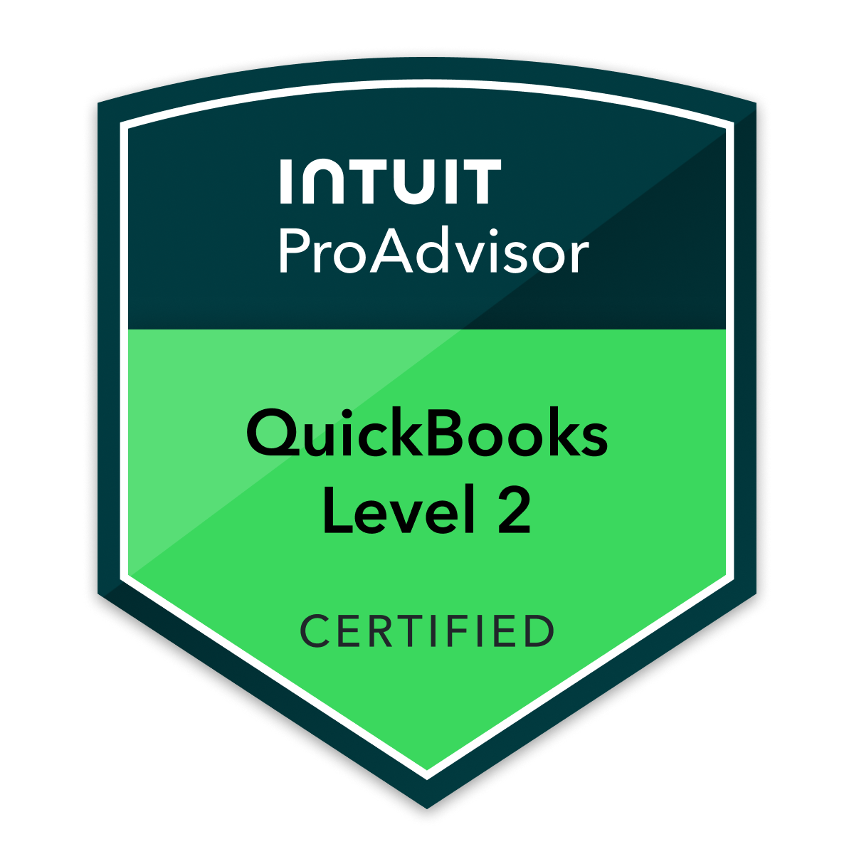 Certification badge for Intuit ProAdvisor Level 2 in QuickBooks, green and dark blue shield design.
