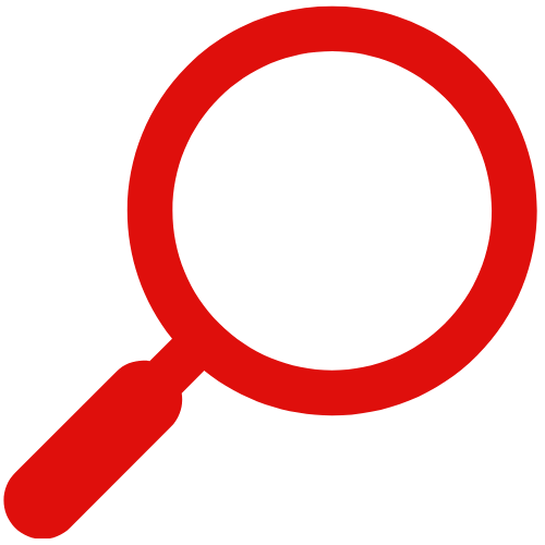 A red magnifying glass icon on a black background.