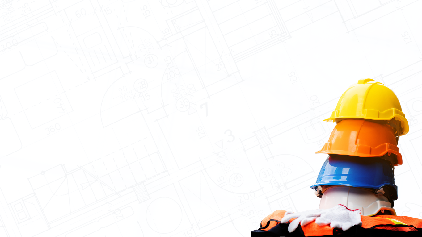 Stacked construction helmets in yellow, orange, blue, white, and gray on a black surface with construction gloves, against a background of building blueprints.