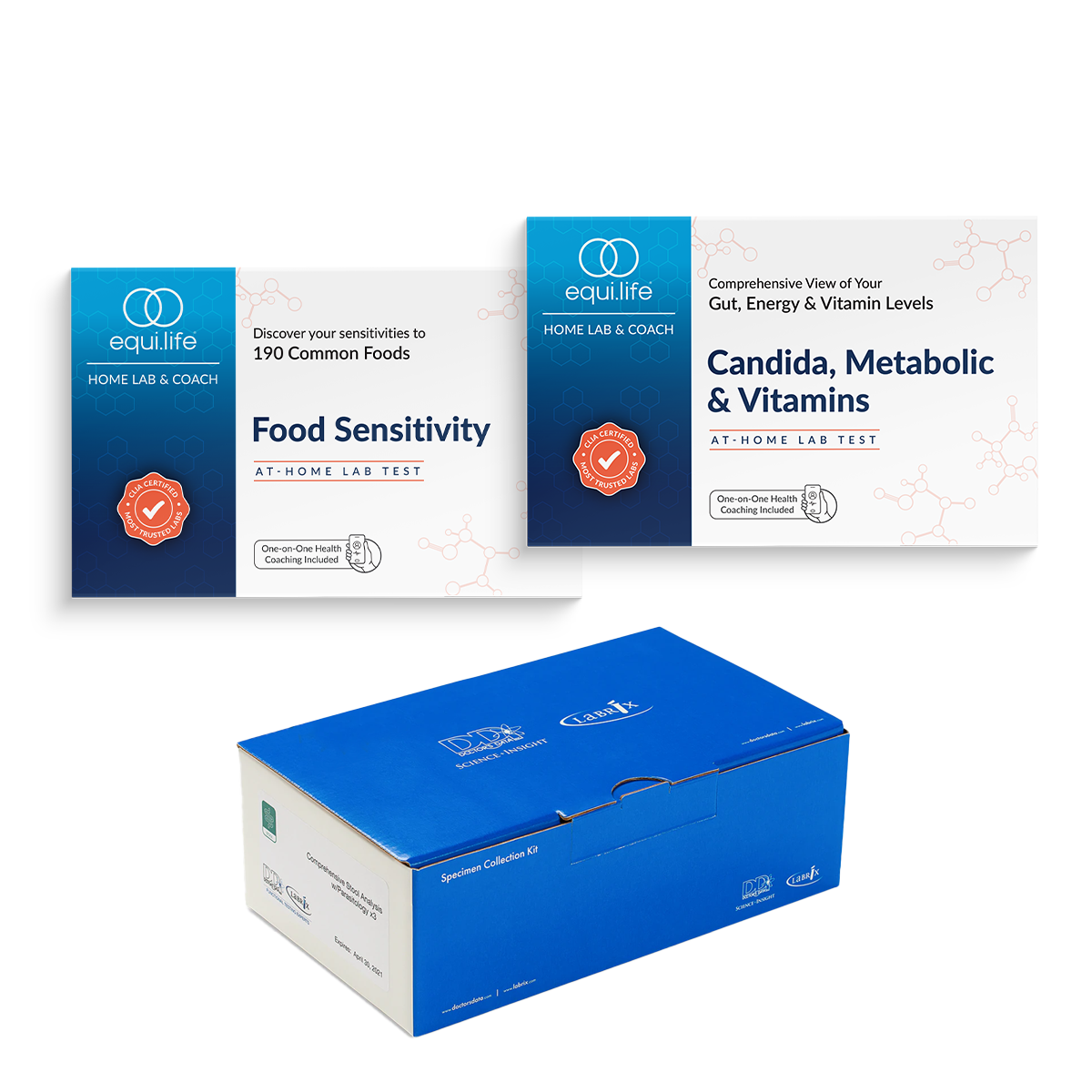 Two health testing kits and a specimen collection kit box. The kits are for food sensitivity and gut health testing, with labels indicating they are at-home lab tests with coaching included.