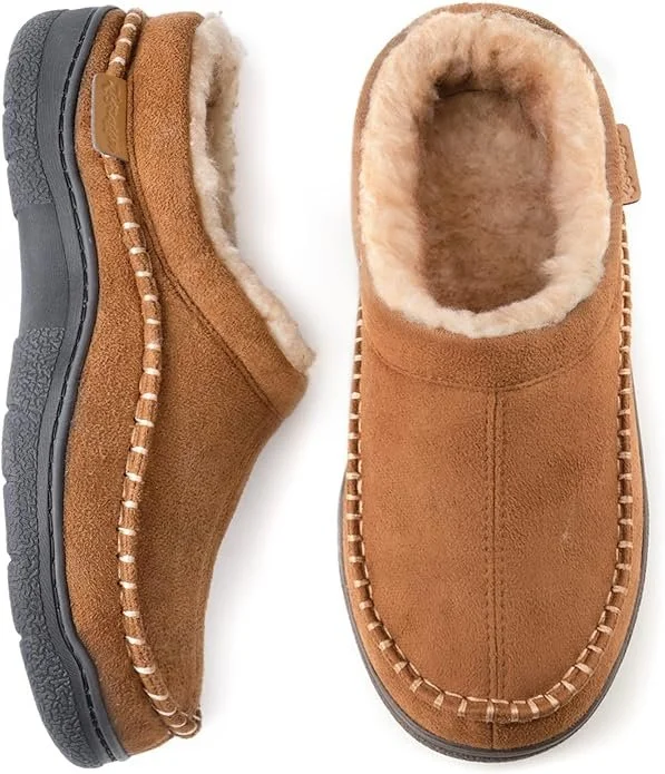 Men's Slip On Moccasin Slippers, Indoor/Outdoor Warm Fuzzy Comfy House Shoes, Fluffy Wide Loafer Slippers