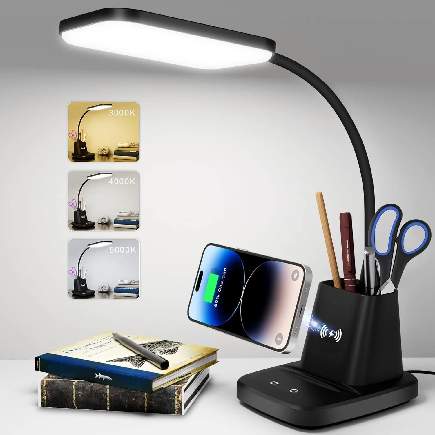 LED Desk Lamp with 10W Wireless Charging & Pen Holder, Black
CRI 95, 800LM, Stepless Dimming, 3 Modes, 360°Flexible Arm, Touch, Study Table Lamp for Home Office, Dorm Room, with Adapter