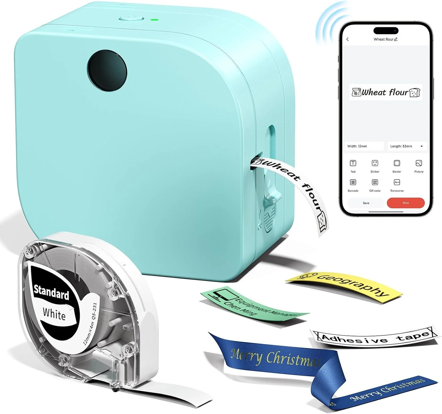 Phomemo P12 Label Maker Machine with 1 Tape, Bluetooth Small Ribbon Printer | Thermal Transfer Ribbon Printer, Printer Machine with Typewriters Templates for Home, School, Clothes, Gift Wrapping, Office