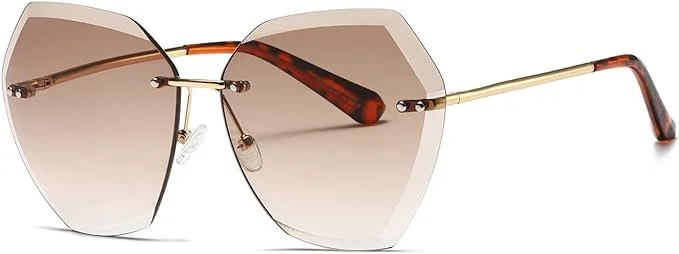 AEVOGUE Women Oversized Rimless Sunglasses Diamond Cut UV400 Shades | Gradient Lens, Slim Metal Frame, Oversized Statement Fit, Vacation Party Photos