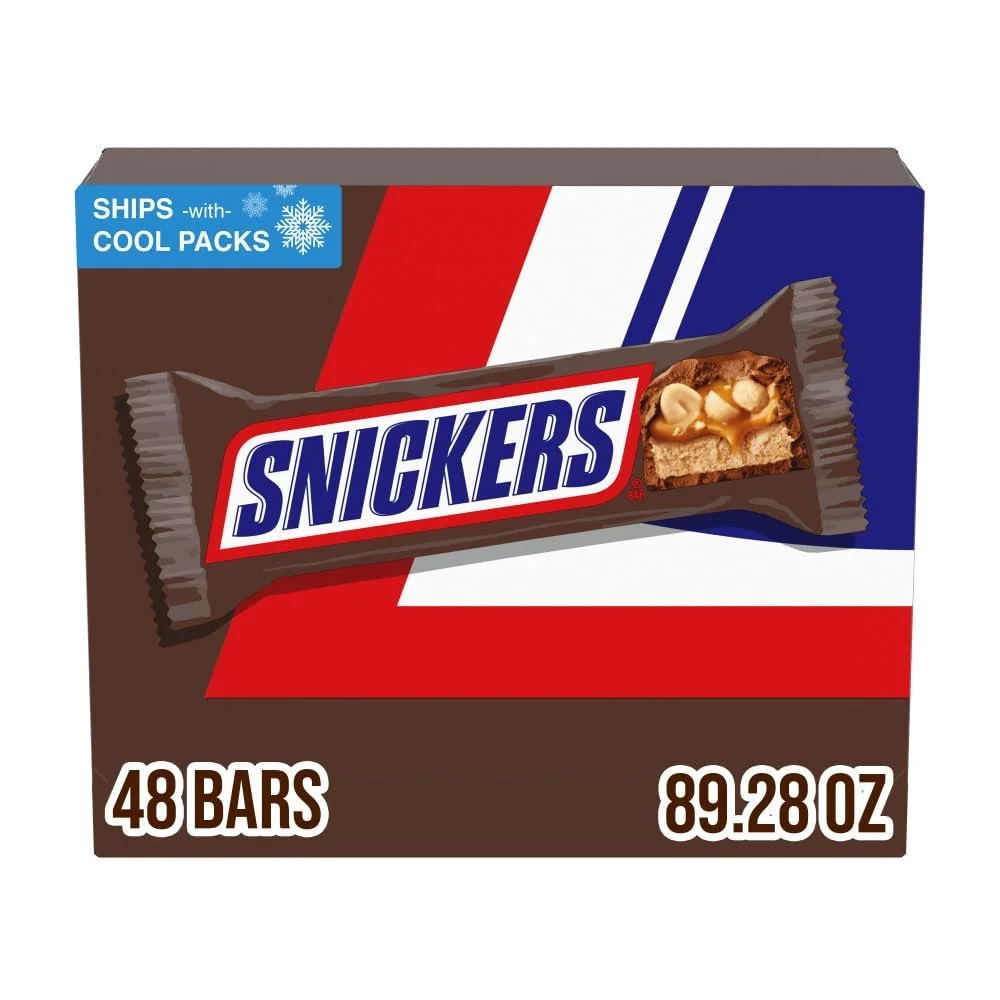 SNICKERS Milk Chocolate Candy Bars, Full Size Bar Bulk, 1.86 oz, Pack of 48 | Peanut Chocolate Candy Bars, Individually Wrapped Full Size Bars, Bulk Pack Great for Sharing, Game Days and Parties