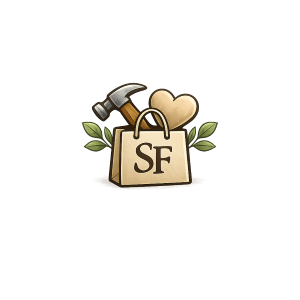 A shopping bag with the letters 'SF' on it, a heart, a hammer, and green leaves surrounding it, against a black background.