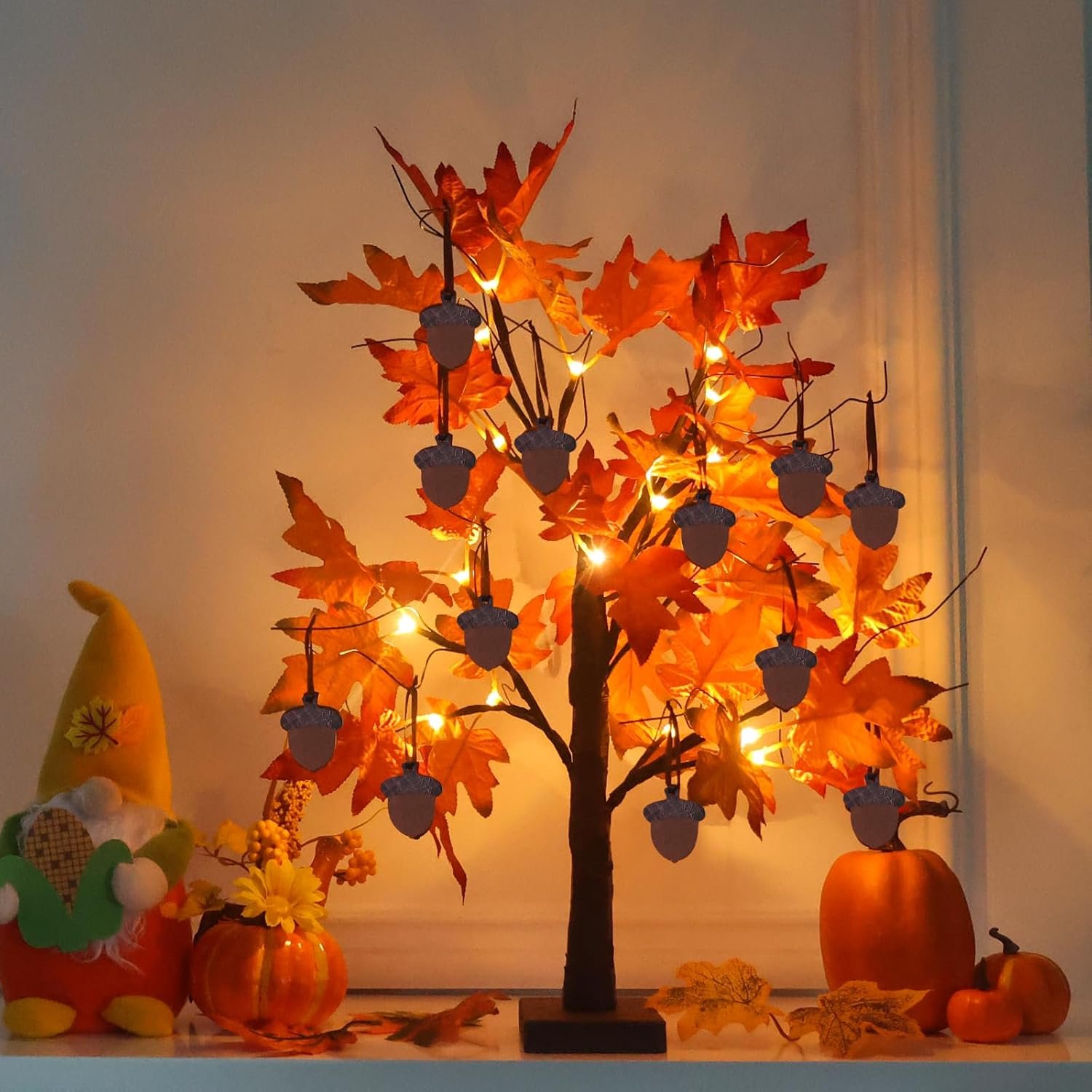 Fall Decorations for Home, Thanksgiving Decorations, 24”/2FT Lighted Fall Maple Leaves Tree with 24 LEDs for Autumn Decor, 12 Wood Acorns Ornaments Battery Powered Timer for Table Indoor