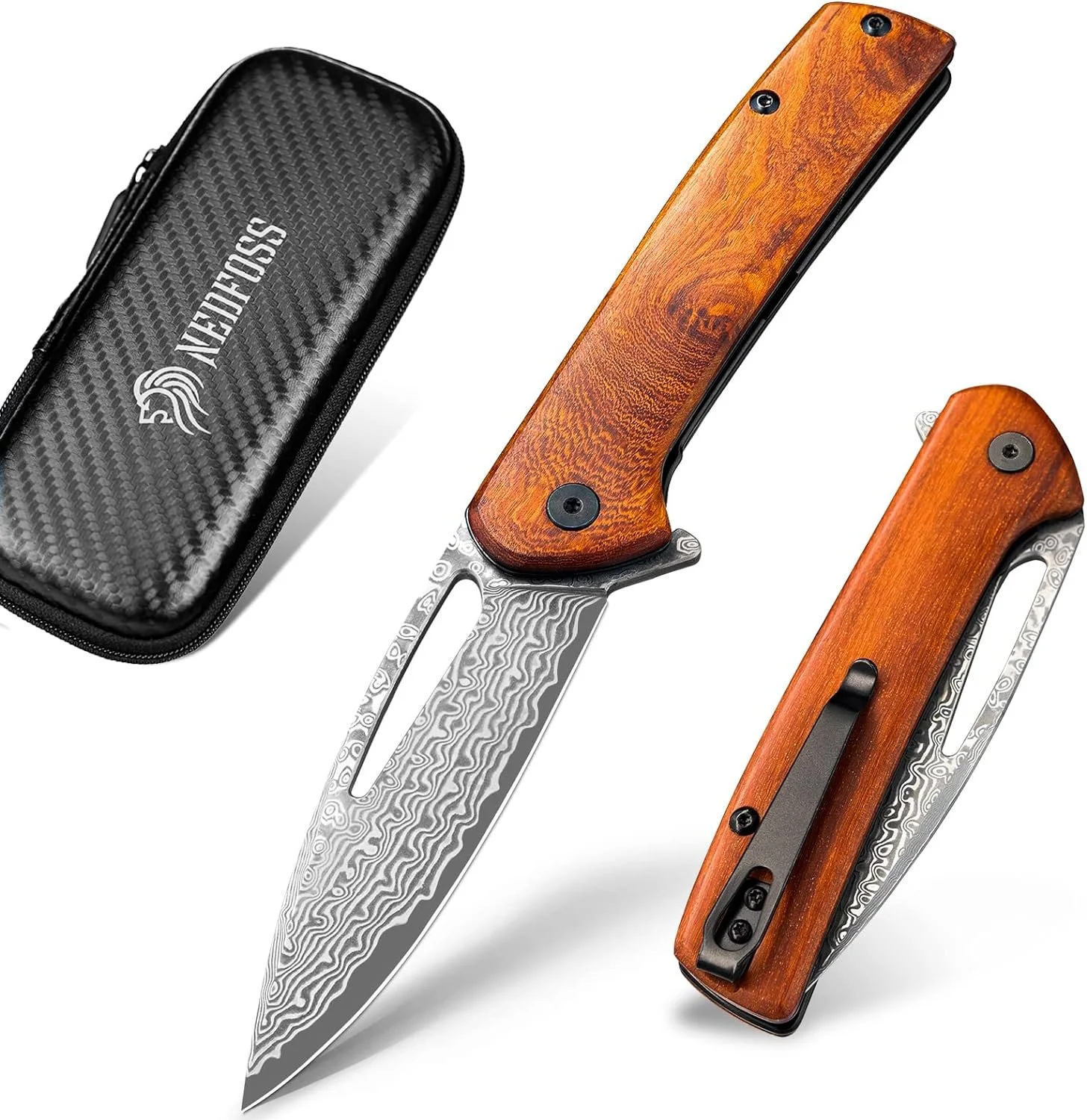 NedFoss PEGASUS Damascus Steel Pocket Knife, 3.5" Hand-Forged Ladder Pattern Folding Knife w/Rosewood Handle & Deep Carry Clip, Sharp EDC Camping Knives for Collection, Hunting Gift for Men Women