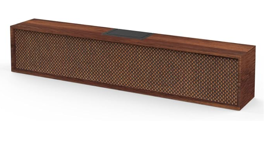 A wooden soundbar with a woven grille and a touch control panel on top.