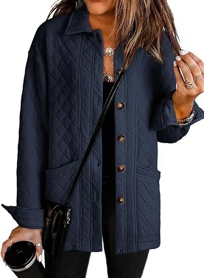 Dokotoo Spring Jackets for Women Summer Fall Light Long Sleeve Quilted Jacket Button Down Oversized Boyfriend Western Outfits Shacket Jacket Outwear Winter Coats Navy Blue Jackets for Women Trendy L