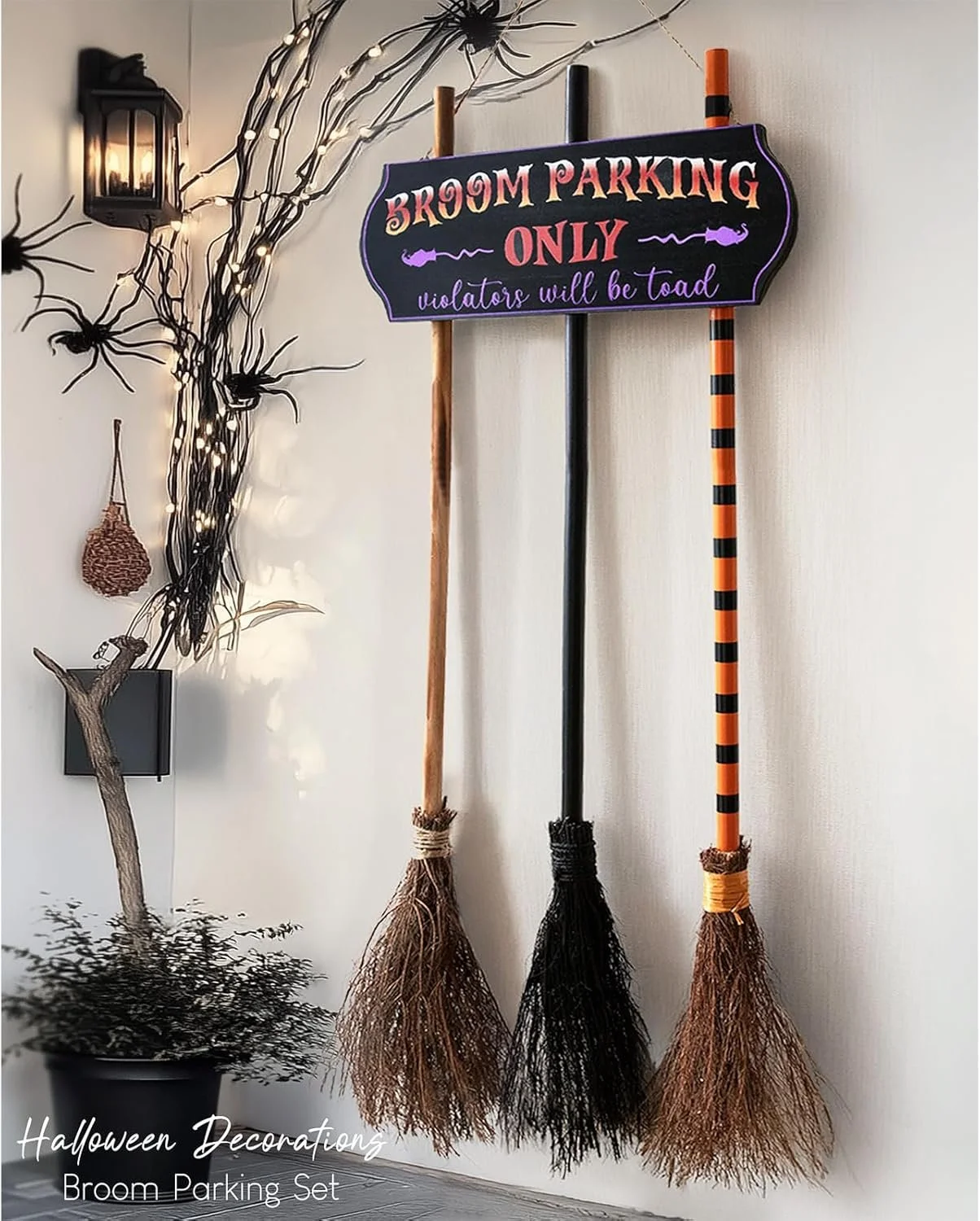 Halloween Decorations - Halloween Decor - Broom Parking Sign with 3 Wooden Witches Brooms - Cute Hocus Pocus Front Porch Wall Decor for Indoor Outdoor Home Office Party Decoration