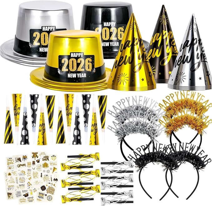 2026 New Years Eve Party Supplies for 24 Guests, 60 Pcs New Year Eve Party Hats and Horns, Headband, Tattoos, Blowouts 2026 New Year Party Favors