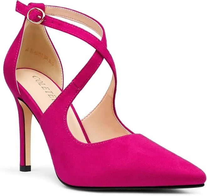 COLETER Womens 4" D'Orsay Pumps Stilettos Crossed Ankle Strap Dress Shoes | Pointed Toe, Adjustable Buckle, Non-slip Outsole, Wedding Evening Dress Stiletto Heels, Office Work Pumps