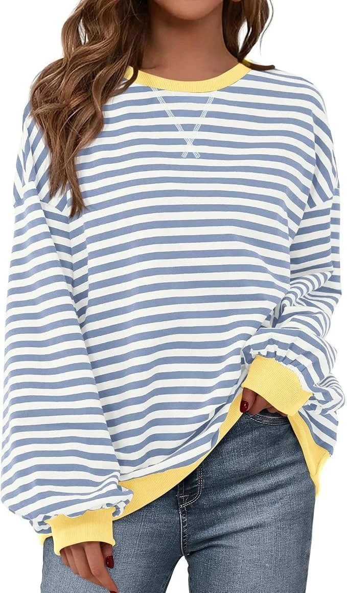 BTFBM Oversized Sweatshirt For Women 2026 Fall | Striped Long Sleeve Shirt, Crewneck Sweatshirts, Casual Loose Pullover, Workout Tops, Y2K Clothes, Sport, Vacation Outfits