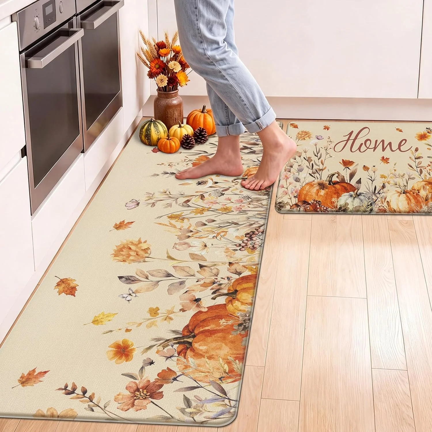 Fall Anti Fatigue Kitchen Floor Mat Set of 2, Floral Runner Rug | Waterproof Autumn Non Slip Thanksgiving Padded Cushioned Foam Comfort Standing Carpet for Sink, Laundry, 17x29+17x47 inch