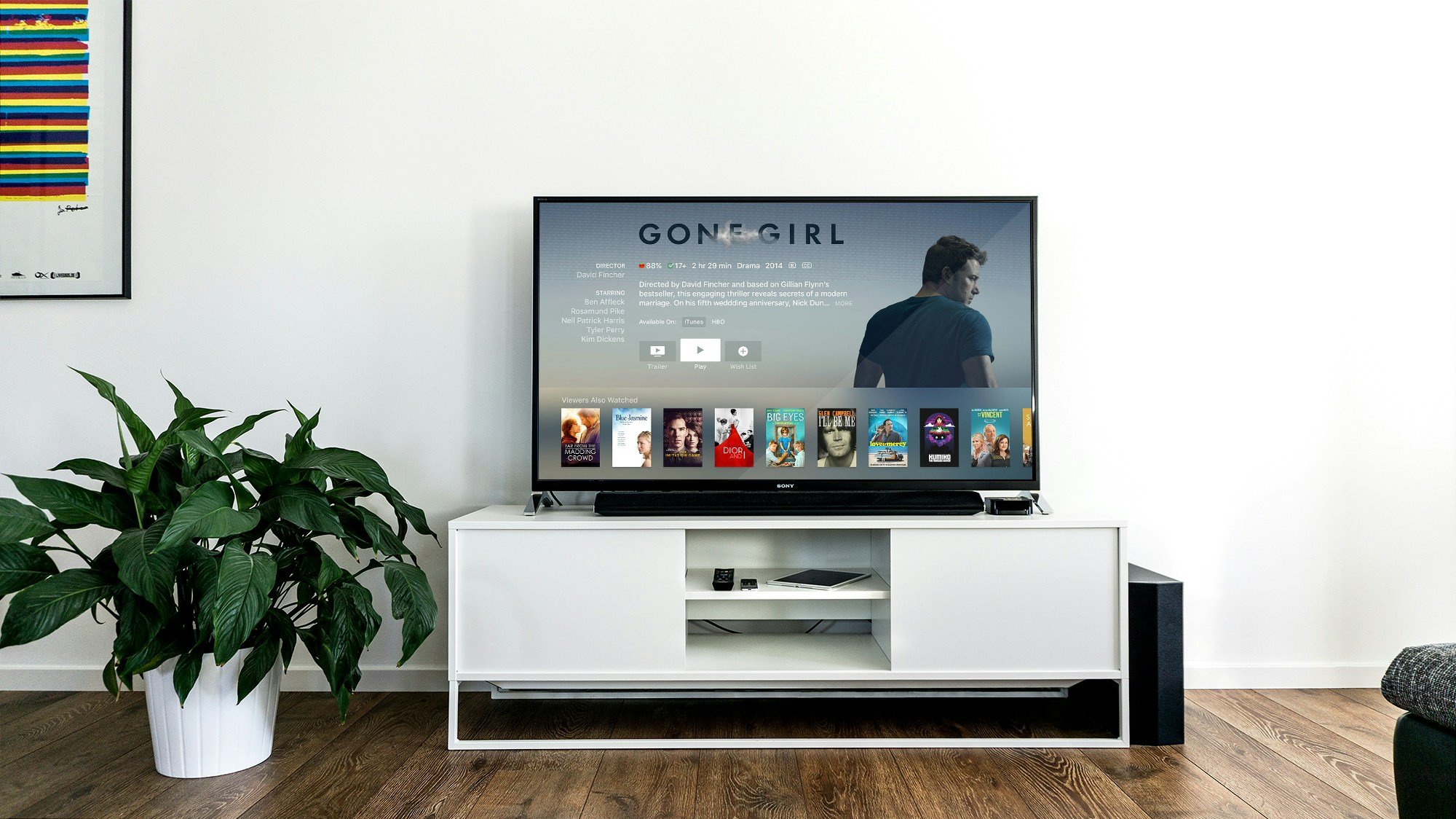 A modern living room with a flat-screen TV on a white media stand displaying a streaming service interface, a large potted plant on the left, and a framed colorful striped poster on the wall to the left.