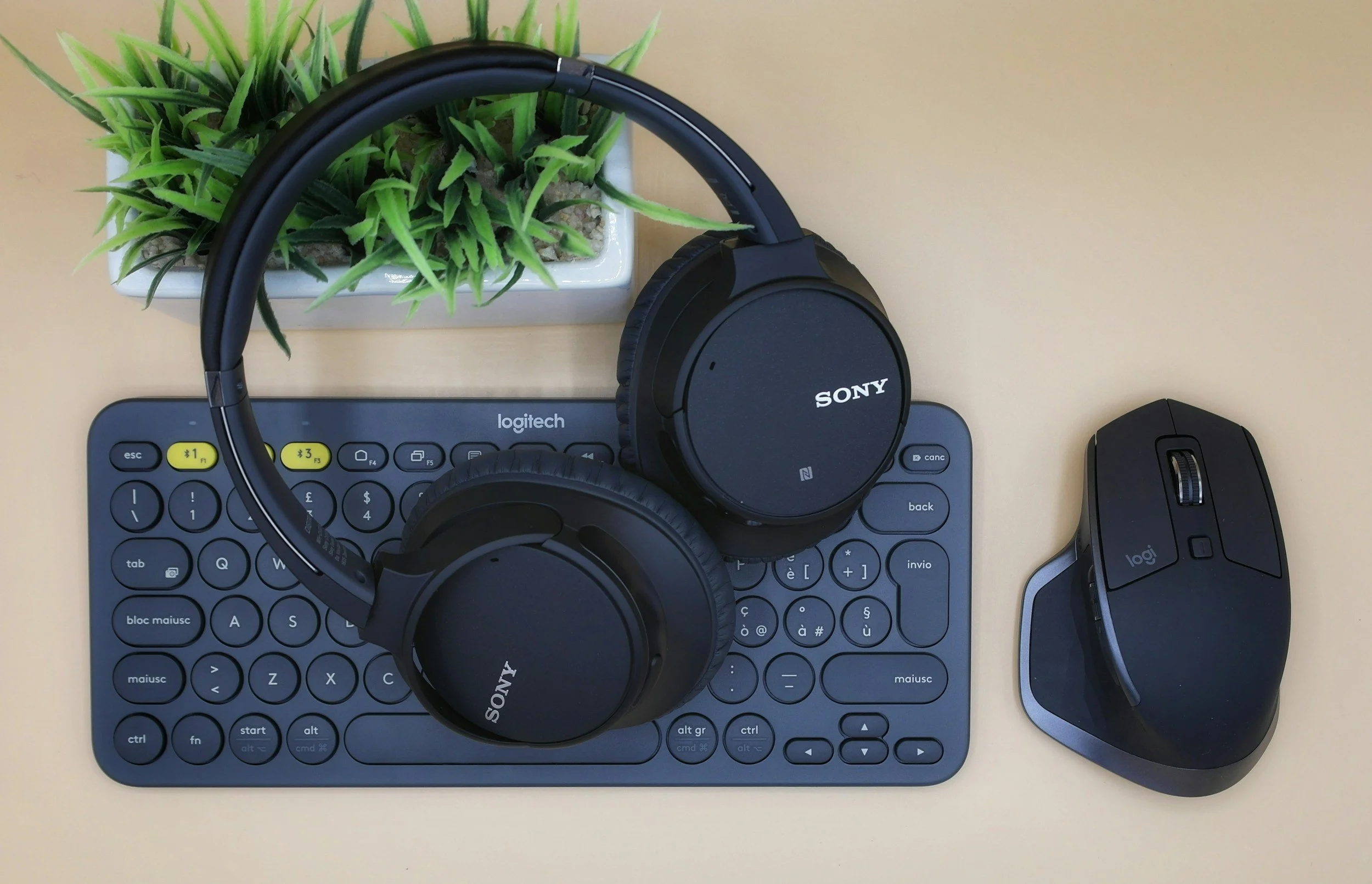 A desk setup with a small white rectangular planter containing green grass-like plants, a pair of black Sony headphones placed on a Logitech keyboard, and a Logitech mouse on a beige surface.