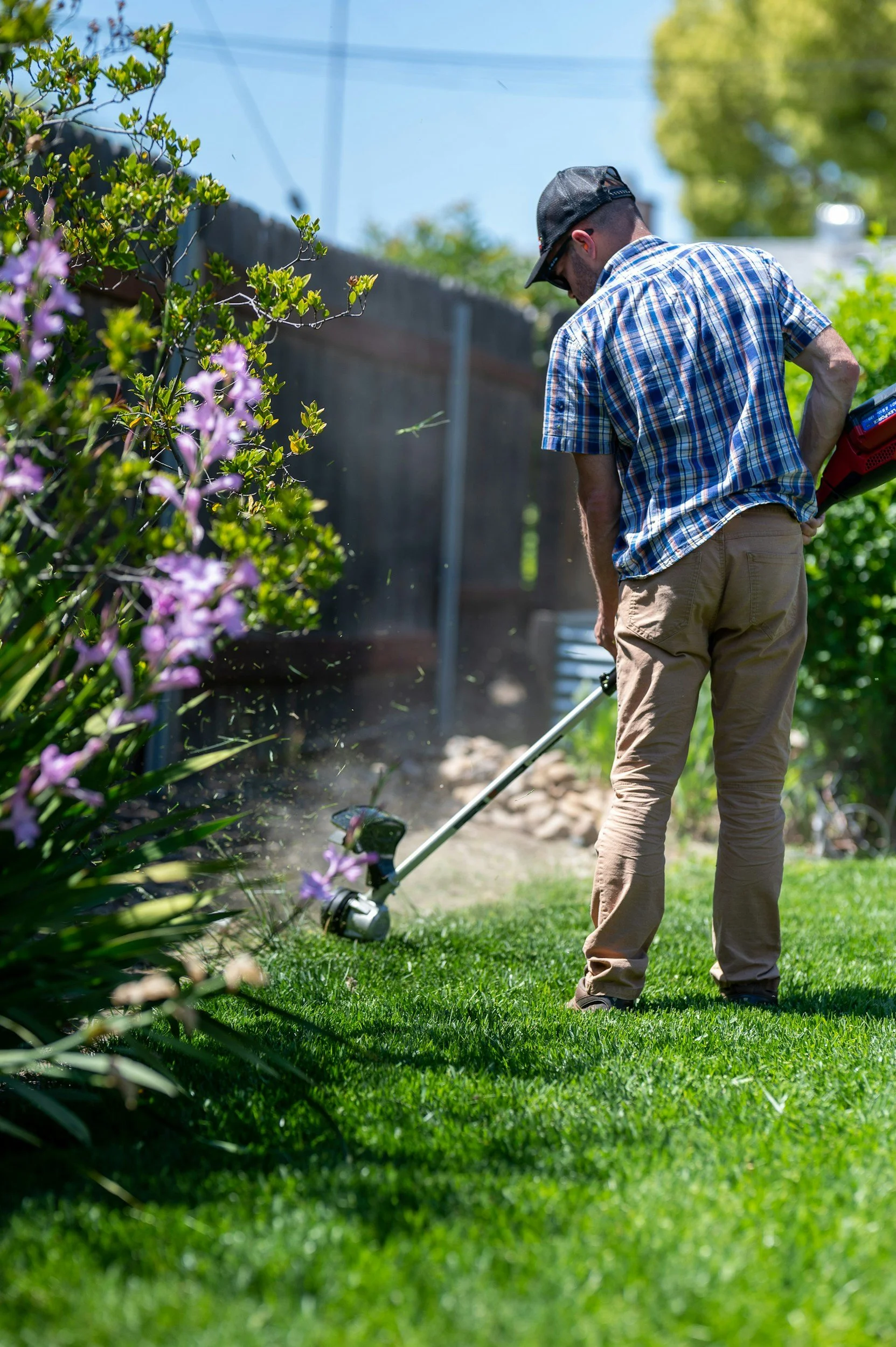A man using a weed trimmer in a backyard with green grass and purple flowers, wearing a plaid shirt, khaki pants, sunglasses, and a black cap, in bright sunlight.