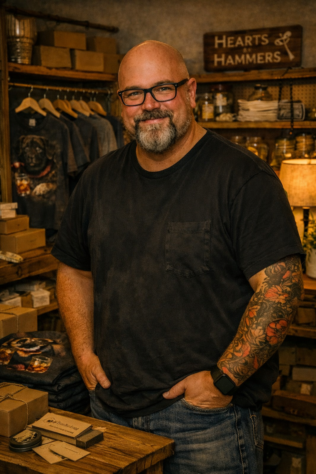 A smiling man with glasses, a beard, and tattoos on his arm posing inside a rustic shop with wooden shelves, clothing, and a sign that says 'Hearts & Hammers' in the background.