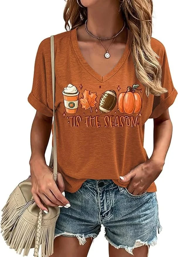 Womens Fall Halloween Graphic V Neck Shirt Thanksgiving Casual Tee | Funny spooky season short sleeve pumpkin tee. Stretchy cotton blend, ultra soft all-day wear. Ideal for family party holiday