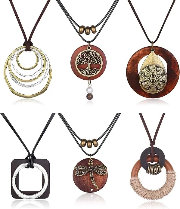 sailimue 6Pcs Wooden Boho Necklaces For Women Trendy Long Boho Necklace | Long Pendant Necklaces Vintage Fall Sweater Statement Feather Dragonfly Peace Sign Y Necklace Hippie Handmade Fashion Jewelry