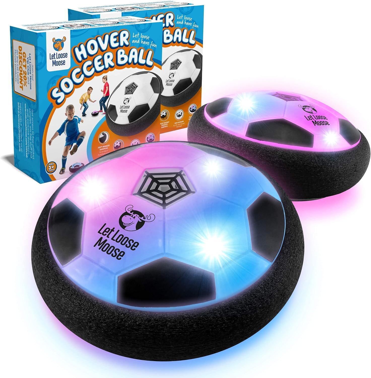 Let Loose Moose Hover Soccer Ball - Set of 2 Air Floating Soccer Toy with Led Light and Foam Bumper Protection, Indoor Sports Games Birthday Christmas for Boys - Birthday Gifts for Kids