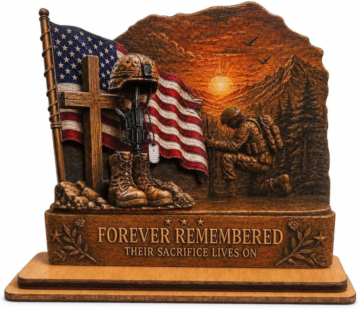 4th July Decorations, Veteran Gifts | Forever Remembered Wooden Memorial Plaque, Military Gifts for Men, Patriotic Decor for Home Office, Veterans Day Gift