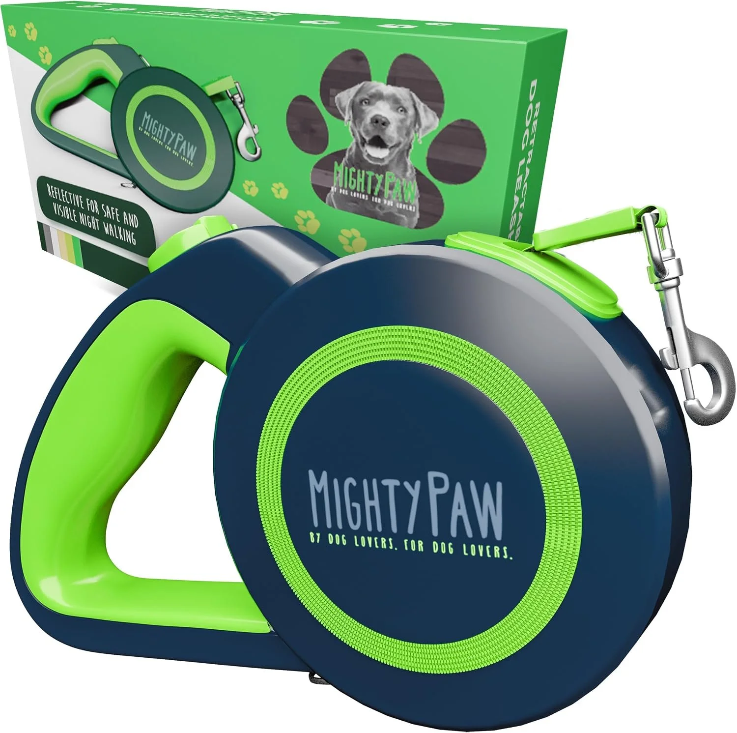 Mighty Paw Retractable Dog Leash 2.0, 16 Ft, for Medium Dogs, Heavy Duty | Reflective Nylon Tape, Tangle-Free Swivel Clip, One-Touch Quick-Lock Brake, Reflective Ring, Anti-Slip Handle