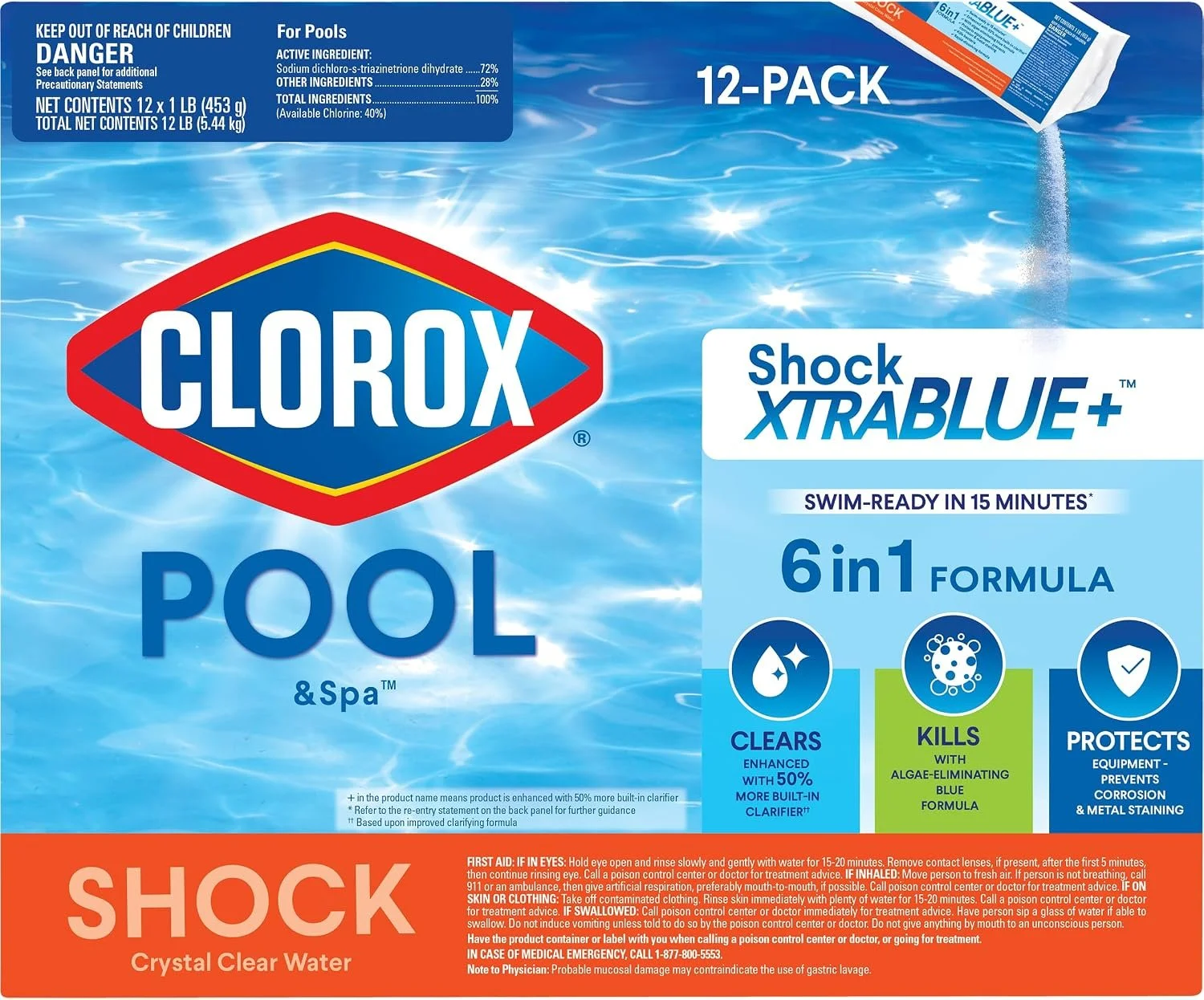Clorox® Pool&Spa™ Shock XTRABLUE® Plus, Kills Bacteria & Algae in Swimming Pools, Swim-Ready in 15 Minutes, (12-Pack), Granular