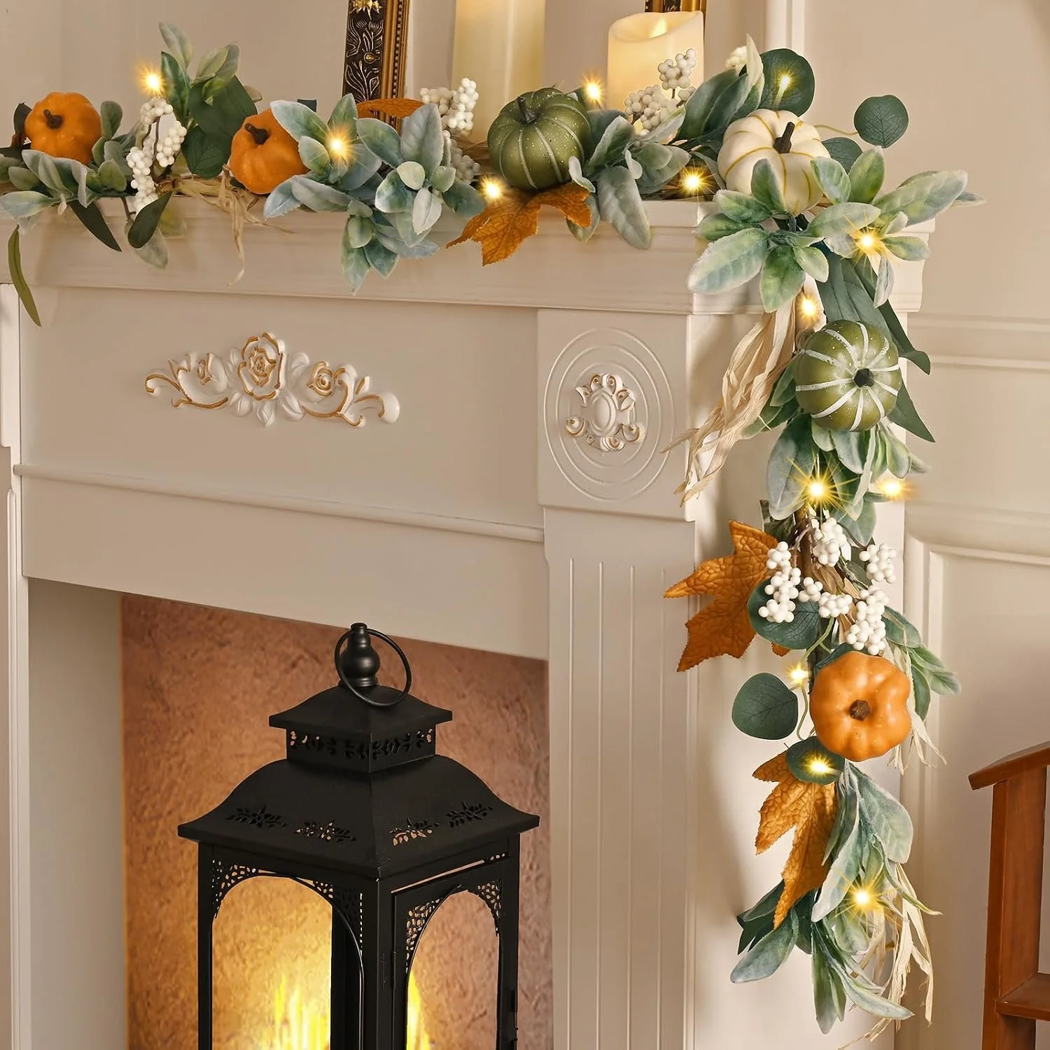 Fall Garland for Mantel, 6 FT Fall Garland with Lights | Fall Decorations for Home, Fall Mantel Decor Pumpkin Garlands with Eucalyptus for Table Centerpiece Thanksgiving Home Decor
