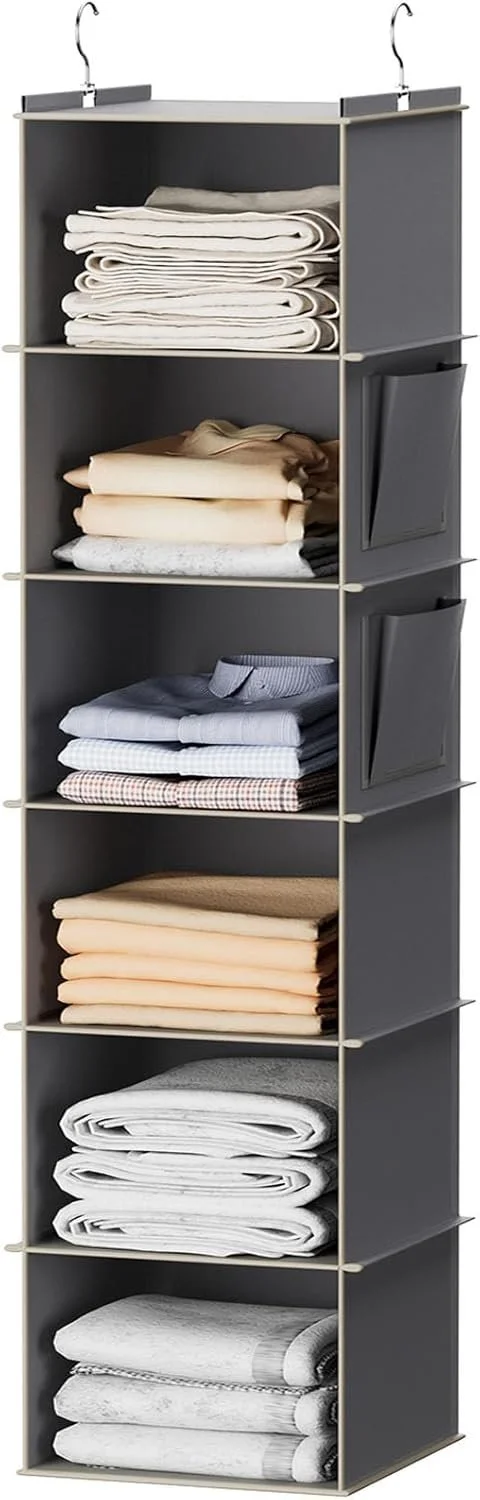 YOUDENOVA Hanging Closet Organizer and Storage, 6-Shelf, Grey
Dorm Room Essentials for Guys, Clothes Organizer with 2 Side Pockets, Hanging Shelves for Closet Storage, Breathable Fabric