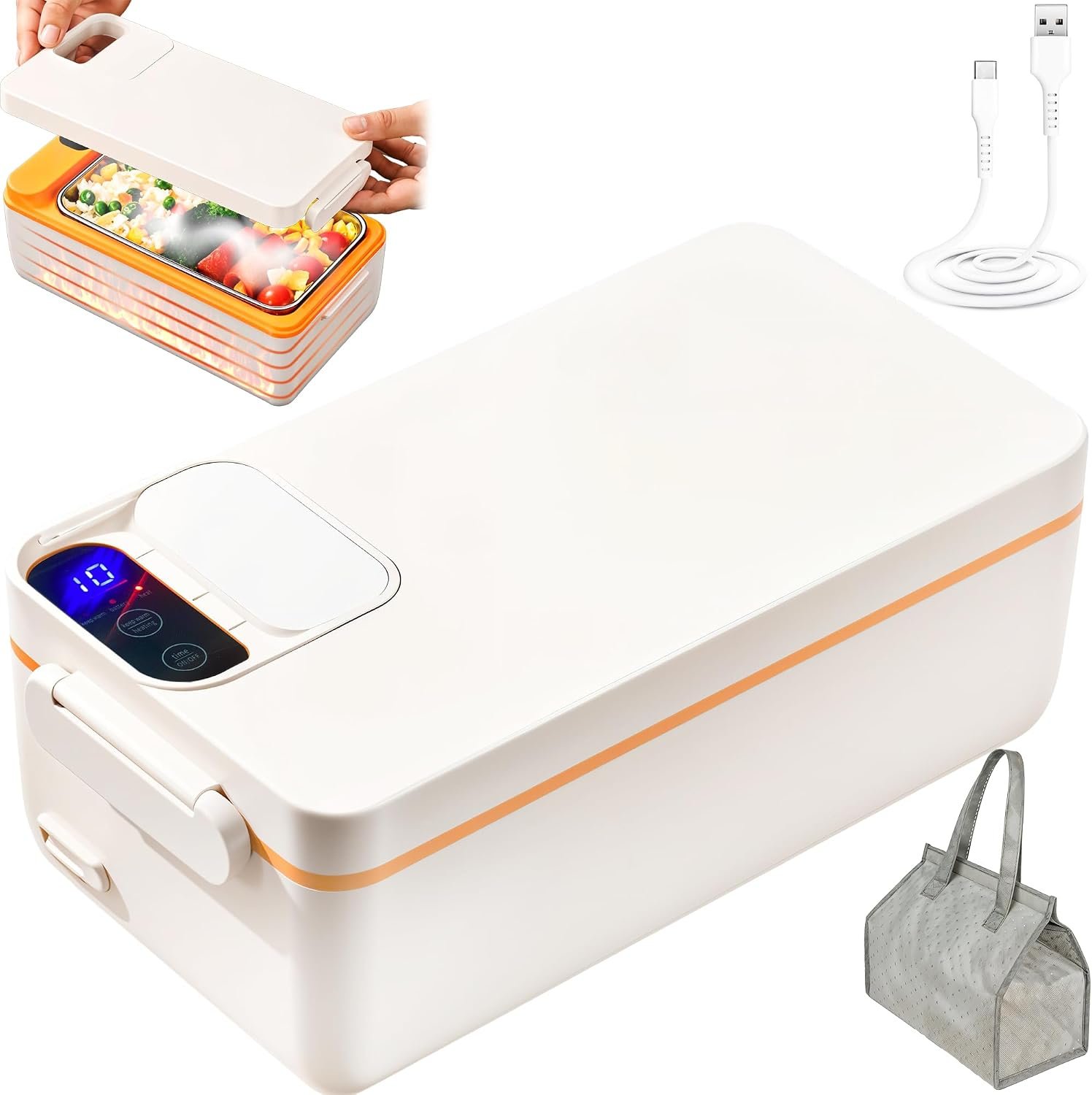 Rechargeable Electric Heated Lunch Box - Cordless Battery Powered | Portable Food Timer Heater Keep Hot Meal - Self-Reheating Soup & Food Warmer for Men, Women, Adults, Car & Vehicle
