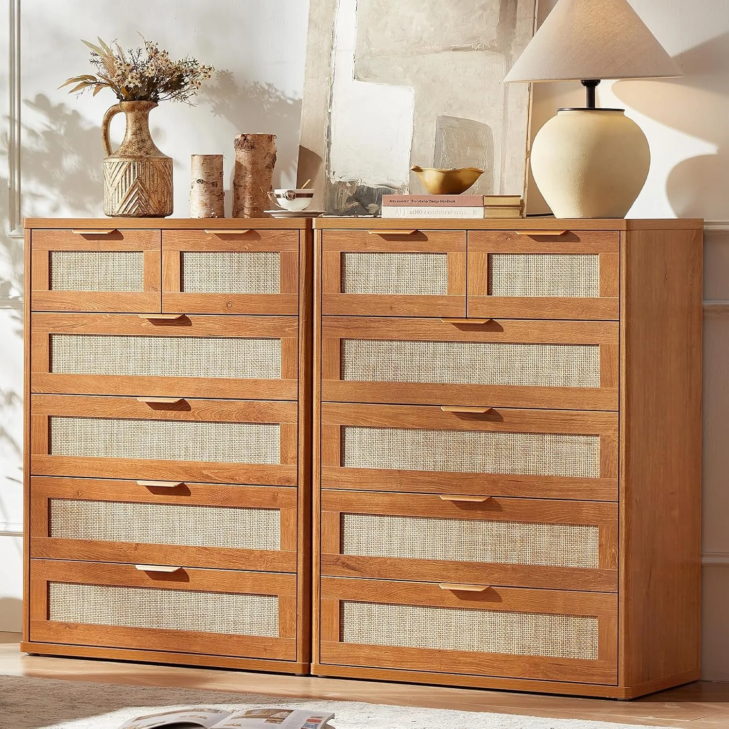 LEYAOYAO Rattan Dresser for Bedroom Set 2, 41" Tall Chest of Drawers | Gold Metal Handle, Brown Modern 6 Drawers Boho Dressers with Storage for Living Room, Hallway