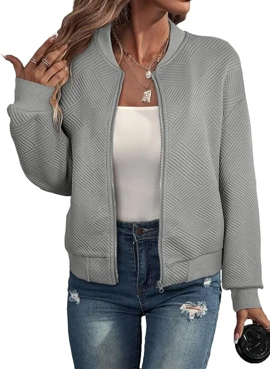 EVALESS Womens Bomber Jacket Casual Stand Collar Zip Up Coat with Pockets | Lightweight Soft Textured,Fall Fashion 2026,Oversized Jackets,Long Sleeve Outerwear,Outdoor Travel Outfits Spring Fall Winter