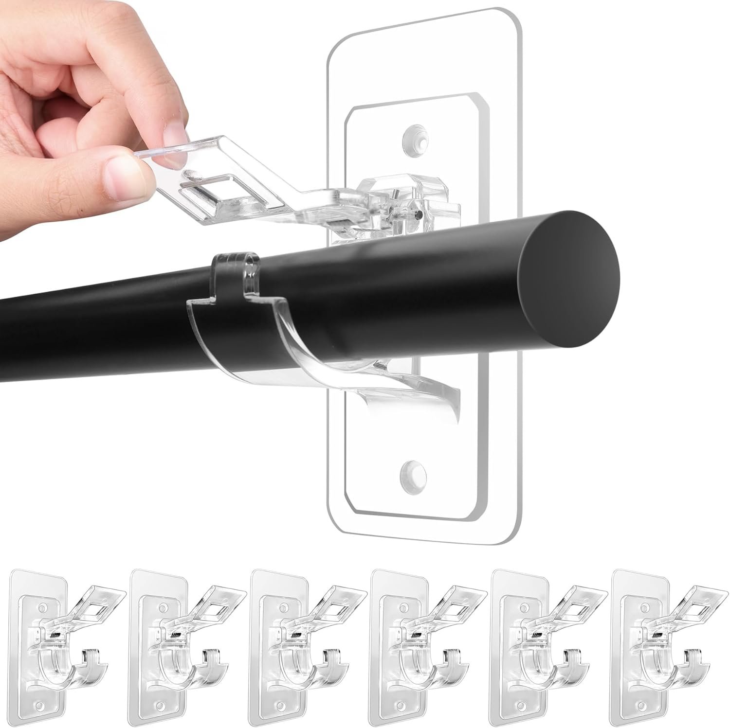 6-Pack No Drill Needed Curtain Rod Holders, Self Adhesive Rod Brackets, Multipurpose Nail-Free Stick on Curtain Rod Hooks Hangers for Dorm, Kitchen, Home, Bathroom, Transparent