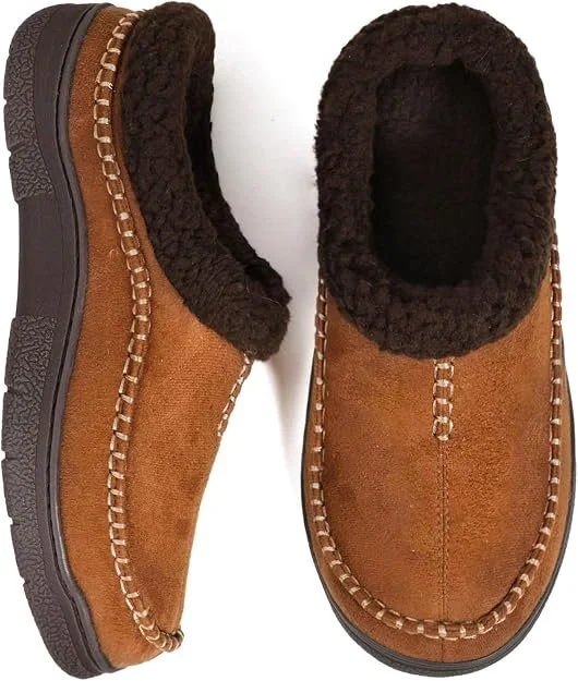 Men's Slip On Moccasin Slippers, Indoor/Outdoor Warm Fuzzy Comfy House Shoes, Fluffy Wide Loafer Slippers