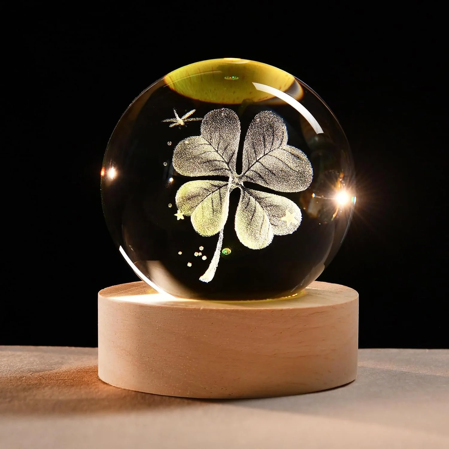 3D Four-Leaf Clover Crystal Ball 60mm Good Luck Gifts Ideas for Her Him | Decorative Glass 4-leaf Clover Globe with Multicolor Lighting Base St Patricks Day Gifts for Women Men Room Decor