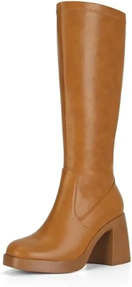 Brown Leather Knee High Boots for Women Platform Long Tall Boots Chunky Block Heeled Boots Round Toe Fashion Dress Boots