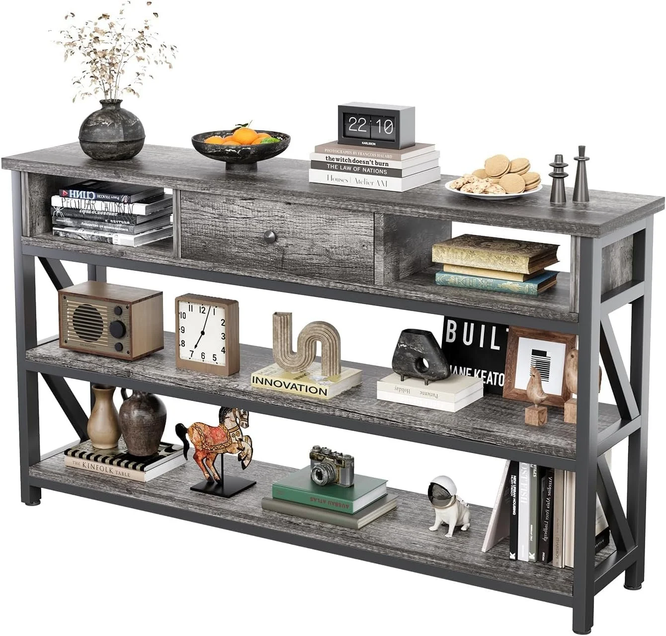 Mexin 47 Inch Console Sofa Table with Drawer, Industrial Entryway Table with Storage Shelves, Storage Organizer for Hallway Living Room Couch Foyer Kitchen Counter, Grey Oak