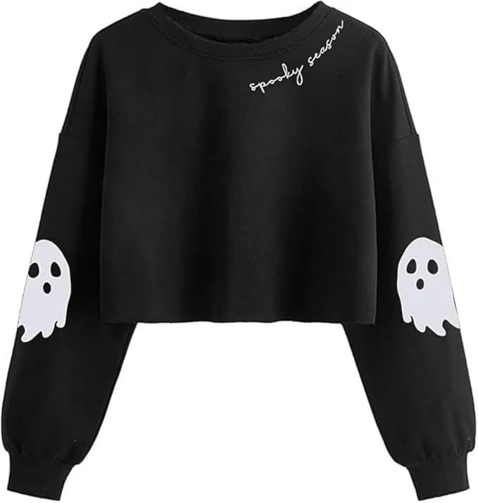 Women Fall Halloween Ghost Crop Sweatshirt Lantern Sleeve Pullover | Funy Retor Ghost Long Sleeve Crop Sweatshirt Skull Spooky Season Holiday Family Matching Party Top