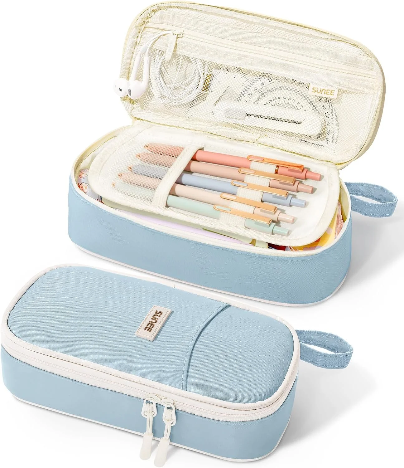 SUNEE Cute Pencil Case, Aesthetic Pen Pouch, Colored Large Pencil Bag with Zipper, Kawaii Stationery Storage and Organizer, School Supplies for Teen and Adult Girls, Blue