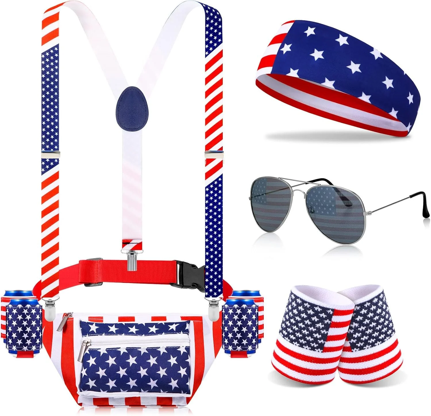9 Pcs 4th of July Fanny Pack with Beer Holder, Classic Style | American Flag Overalls 250 Years Patriotic American Flag Fanny Pack Beer Belt Suspenders Drink Holder Headband Wristband