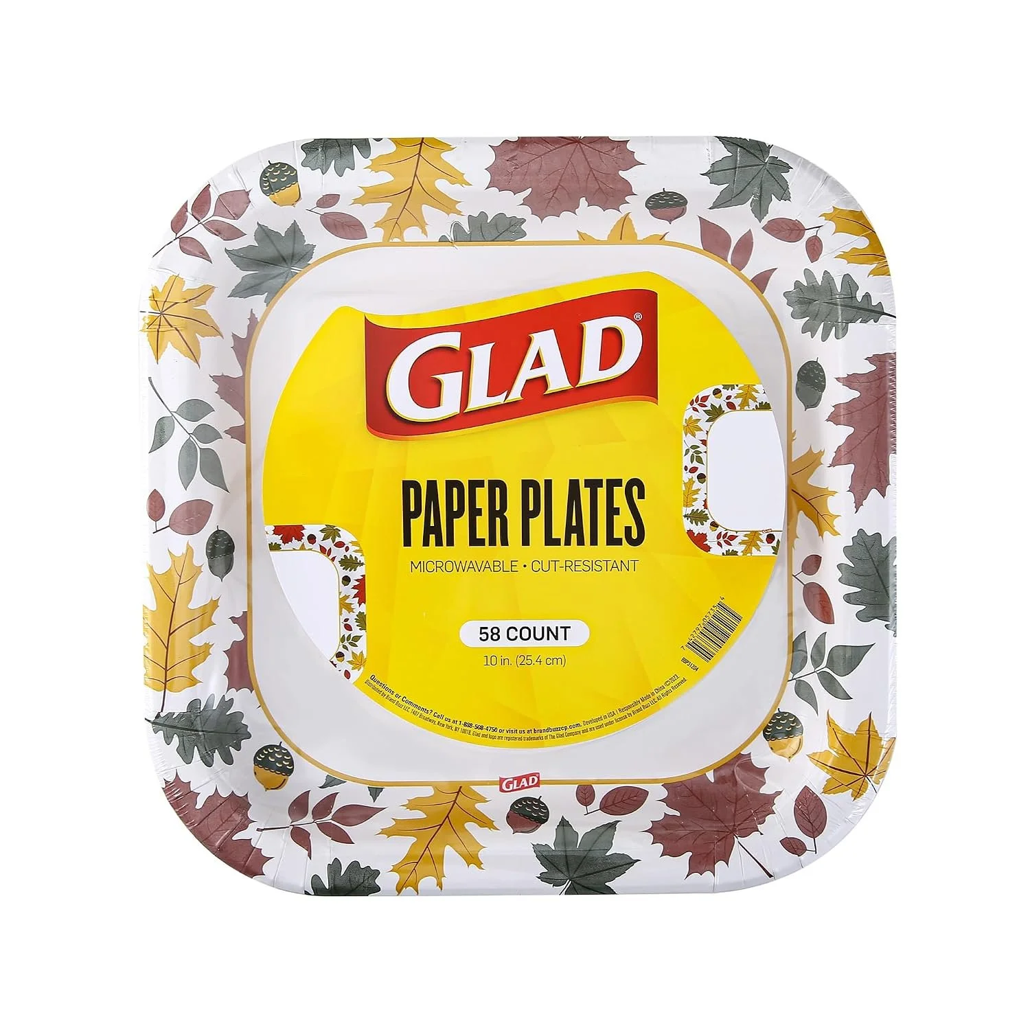 Glad Square Disposable Paper Plates, Falling Foliage, 10 Inch, 58 Count | Soak-proof, microwave-safe, cut-resistant design, for fall and Thanksgiving gatherings, seasonal use