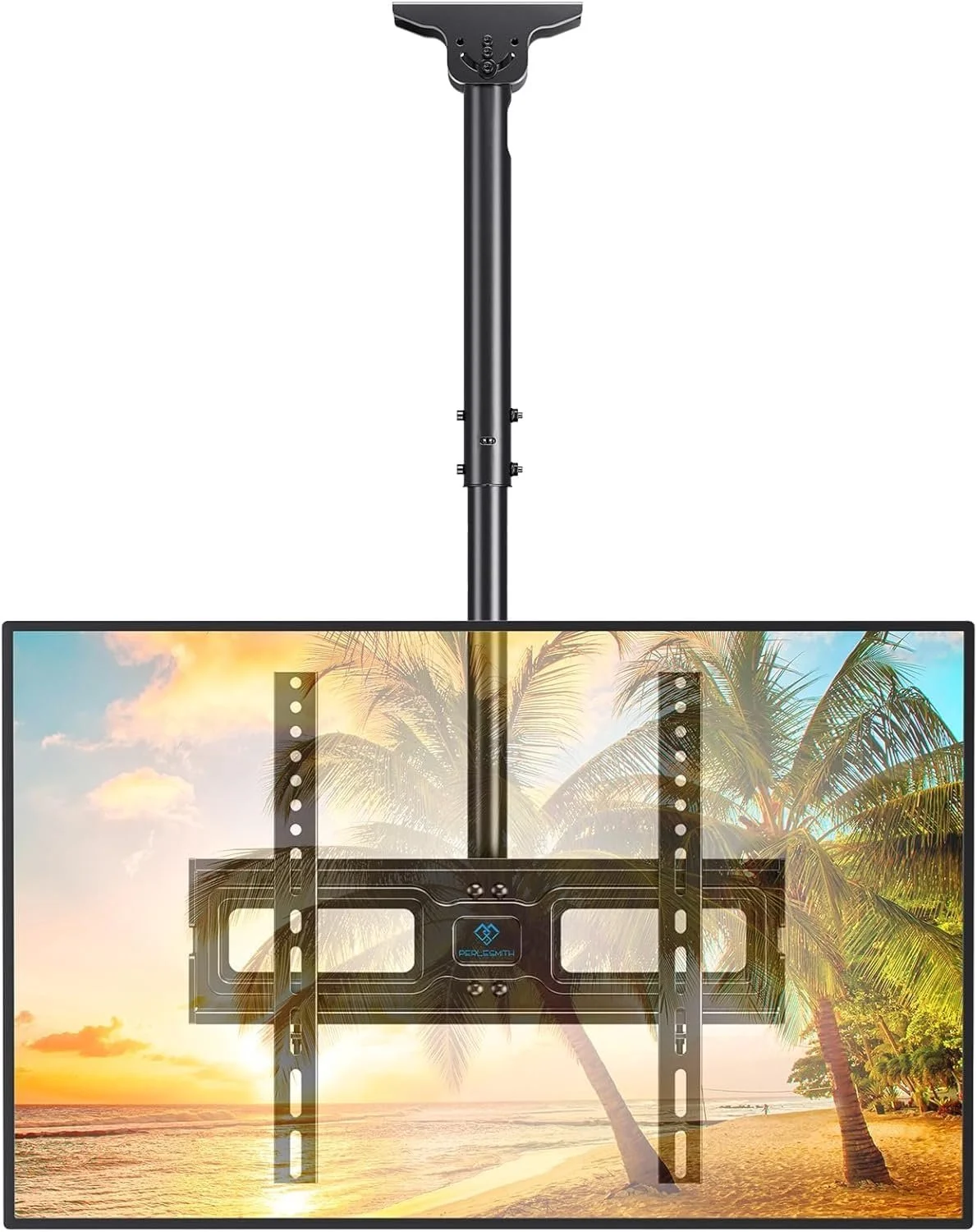 A digital camera mounted on a tall black tripod with a large display screen showing a beach scene with palm trees and a sunset.