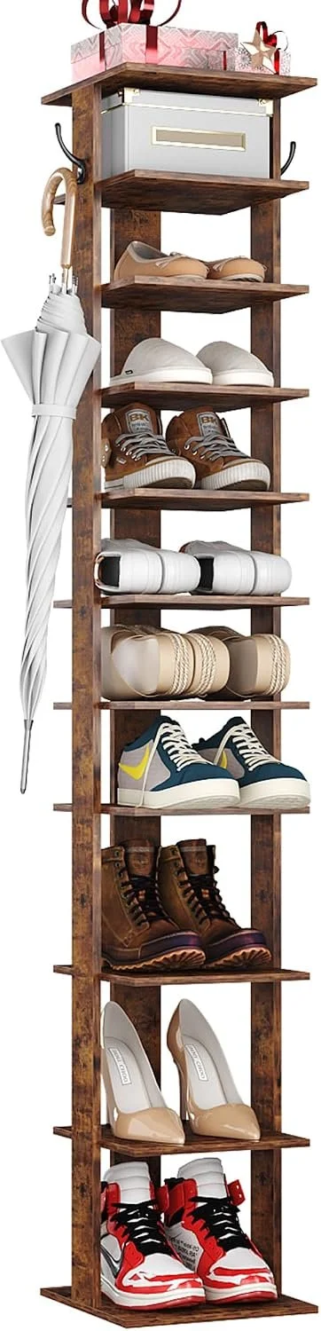 HOMEFORT 10-Tier Vertical Shoe Rack, Corner Shoe Tower, Slim Shoe Organizer with Two Hanging Hooks, Wooden Shoe Storage Stand for Entryway, Hallway, Closet, Rustic Brown